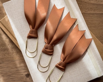 Large Paperclip Satin Ribbon Bookmark | Single or Set of 3 | Chocolate Brown Satin Bow | Bible Bookmark | Fall Journal Accessory