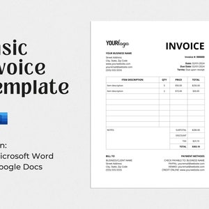 Puede incluir: Una plantilla de factura básica con un diseño en blanco y negro. La plantilla incluye secciones para la descripción del artículo, la cantidad, el precio, el total, el subtotal, el descuento, el IVA y el total. También incluye secciones para la información de facturación y los métodos de pago.