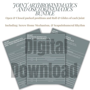 May include: A bundle of digital documents titled "Joint Arthrokinematics and Osetokinematics." The documents are light gray with detailed anatomical information, including "Open & Closed packed positions" and "Screw Home Mechanism." The word "Download" is overlaid.