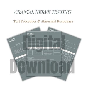 May include: Three gray sheets of paper with the title "Cranial Nerve Testing: Test Procedures & Abnormal Responses" and the text "Cranial Nerves" at the top of each sheet. The sheets are partially overlapping and the text "Digital Download" is superimposed over the sheets.