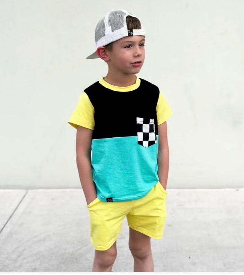 Colorblock Kids Outfit | Retro Skater Style Shirt & Shorts Set | Handmade | Checkered Pocket Tee