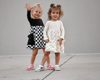 Girls Checkered Twirl Dress - long or short sleeve - Summer Outfit