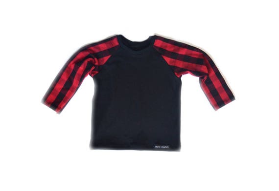 red and black raglan shirt