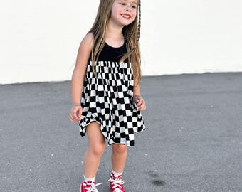 Checkered Racer Back Twirl Dress - Girls Skater Style - Motocross