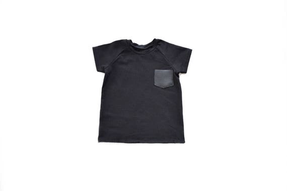 Black T Shirt With Black Leather Pocket - Kids Baby Toddler