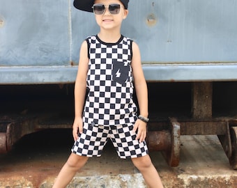 Pantalones cortos de verano para niño con bolsillos - Rayo - Cuadros - Conjunto de verano