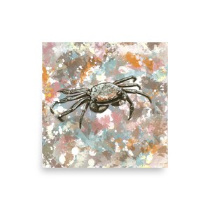 May include: A watercolor painting of a crab on a colorful background. The crab is gray and brown with a textured shell. The background is a mix of light blue, pink, and brown.