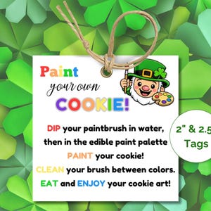 Può includere: Un'etichetta bianca con il testo "Paint your own COOKIE!" e istruzioni per decorare i biscotti. Presenta un cartone animato di un folletto con una tavolozza di colori. L'etichetta misura 5.08cm e 6.35cm, con un cordino per appenderla.