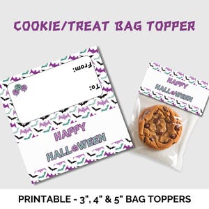 Puede incluir: Toppers para bolsas de golosinas de Halloween imprimibles con un patrón de murciélagos morado, verde y negro. Los toppers incluyen el texto "Feliz Halloween" y un espacio para un nombre.