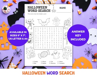 Halloween Word Search For Kids Printable, Easy Halloween Puzzle, Halloween Classroom Activity Worksheet, Halloween Family Fun, Fall Coloring