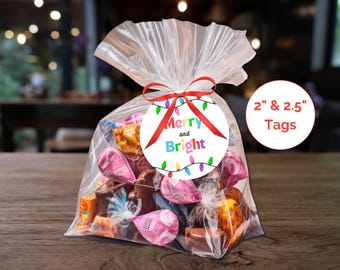 Etiqueta para bolsas de dulces "Merry and Bright", etiqueta imprimible para regalos con luces navideñas, etiqueta navideña para manualidades, etiqueta para recuerdos navideños