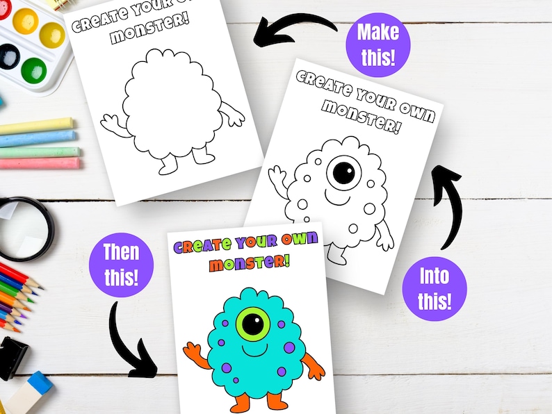May include: A set of three coloring pages with the text "CREATE YOUR OWN MONSTER!" and a cartoon monster design. The pages show the monster in different stages of completion, from blank to fully colored.