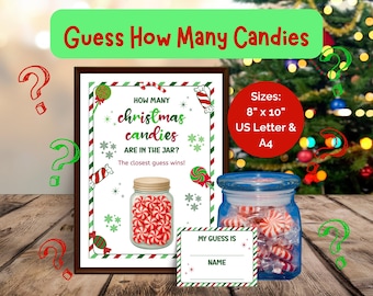 Christmas Candy Jar Guessing Game, Guess How Many Candies In Jar, Guess How Many Sign, Candy Party Game, Holiday Office Game