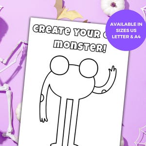 May include: A black and white line drawing of a cartoon monster with glasses, arms raised, and the text "CREATE YOUR MONSTER!" on a white paper. The image is surrounded by Halloween decorations, including a skeleton, spider web, and pumpkins.