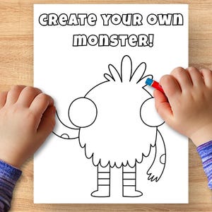 May include: A coloring page with the text "CREATE YOUR OWN MONSTER!" features a cartoon monster outline. A child's hand holds a red crayon, coloring the monster's head. The image is on a white paper.