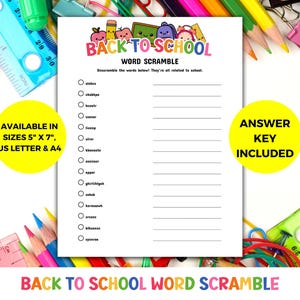 Back To School Word Scramble For Kids, First Day Of School Activity Worksheet, Fun Classroom Word Puzzle Game, Educational Spelling Activity