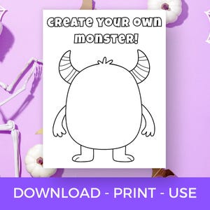 May include: A black and white illustration of a monster with horns, arms, and legs, with the text "CREATE YOUR OWN MONSTER!" on a white background. The image is on a purple background with Halloween decorations.