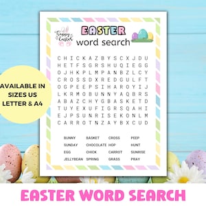 May include: A printable Easter word search puzzle with a colorful border. The puzzle features a grid of letters with words related to Easter, such as bunny, basket, cross, peep, Sunday, chocolate hop, hunt, egg, chick, carrot, sunrise, jellybean, spring, grass, and pray.