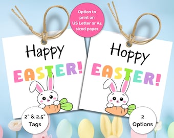 May include: Two printable Easter gift tags featuring a cartoon bunny holding a carrot. One tag says "Happy Easter!" and the other says "Hoppy Easter!" The tags are available in two sizes: 2 inches and 2.5 inches.