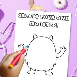 May include: A white coloring page with the text "CREATE YOUR OWN MONSTER!" features a cartoon monster outline. A hand holds a red crayon with a blue tip, coloring the monster. Halloween-themed decorations surround the page.