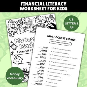 Op de afbeelding: Een werkblad financiële geletterdheid voor kinderen met zwart-wit lijntekeningen van geld, een spaarpot en een winkelwagentje. De tekst bevat 'Money Made', 'Financial Literacy' en een oefening met de titel 'WHAT DOES IT MEAN?'