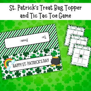 Puede incluir: Topper de bolsa de golosinas imprimible para el Día de San Patricio con un patrón de trébol verde y el texto "Feliz Día de San Patricio". El topper también incluye un espacio en blanco para "Para:" y "De:" y un juego de tres en raya.
