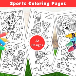 May include: A collection of sports-themed coloring pages with 22 designs. The pages feature line drawings of various sports, including rock climbing, basketball, soccer, volleyball, football, and baseball. Colored pencils are scattered around the pages.