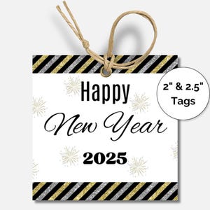 Happy New Year 2025 Gift Tag, Cookie Candy Treat Bag Tag, Black Gold Silver Stripes Pattern, Fireworks Tag Topper, Holiday Party Favor Decor