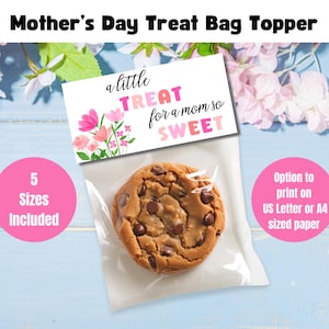 Adorno para bolsa de dulces "Un pequeño capricho para mamá", etiqueta de regalo imprimible para el Día de la Madre, recuerdo floral tamaño A4, ideas de regalo para guarderías preescolares para mamás.