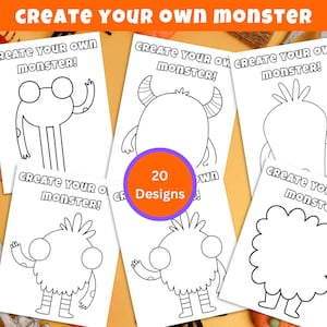 May include: A collection of white paper sheets with outlined monster designs and the text "CREATE YOUR OWN MONSTER!". A purple circle with the text "20 Designs" is also visible. The theme is Halloween and DIY crafts.