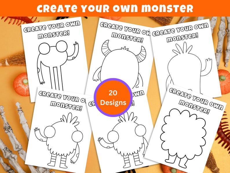 May include: A collection of white paper sheets with outlined monster designs and the text "CREATE YOUR OWN MONSTER!". A purple circle with the text "20 Designs" is also visible. The theme is Halloween and DIY crafts.
