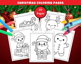 May include: A collection of Christmas-themed colouring pages featuring festive images of Santa, reindeer, elves, and gingerbread people. Colouring pencils are visible. The text "Christmas Colouring Pages" is at the top.