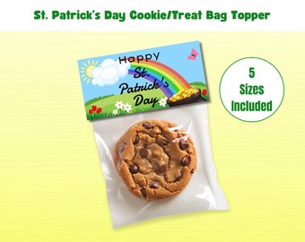 May include: A printable St. Patrick's Day cookie bag topper with a rainbow, pot of gold, and the text "Happy St. Patrick's Day".