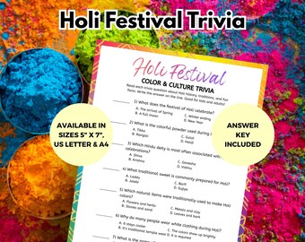 Juego de trivia sobre el festival Holi, concurso de festivales indios para niños y adultos, trivia cultural sobre el Holi, actividad festiva hindú para el aula.
