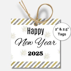Szczęśliwego Nowego Roku 2025 Etykieta na prezent, Etykieta na torbę z ciasteczkami i cukierkami, Wzór w paski z białego złota i srebra, Topper na etykietę z fajerwerkami, Dekoracja na przyjęcie świąteczne