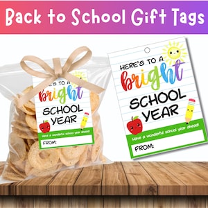 Heres To A Bright School Year Printable Gift Tag, Back To School Rainbow Label For Student Teacher, Kawaii First Day Of School Favor