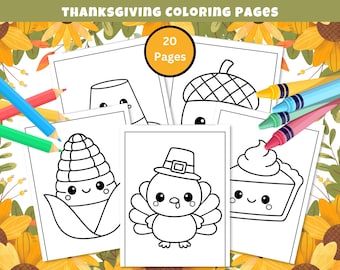 Thanksgiving Kawaii Coloring Pages, Fall Autumn Coloring Activity Worksheets, Preschool Coloring, A4 Printable Fall Coloring Book