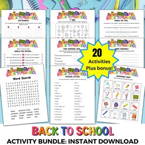 May include: A set of printable "Back to School" activity sheets, including word searches, riddles, and scavenger hunts. A yellow starburst graphic highlights "20 Activities Plus bonus!" The bottom of the image reads "Activity Bundle: Instant Download."
