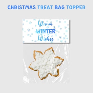 Puede incluir: Un topper para bolsa de golosinas de Navidad imprimible con un patrón de copo de nieve azul y blanco y el texto "Warm Winter Wishes".