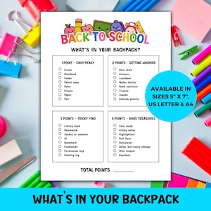 Puede incluir: Un papel blanco con el texto "BACK TO SCHOOL" y "WHAT'S IN YOUR BACKPACK?" enumera útiles escolares con valores en puntos. El texto está rodeado de útiles escolares coloridos. Disponible en tamaños 12,7cm x 17,8cm, US Letter y A4.