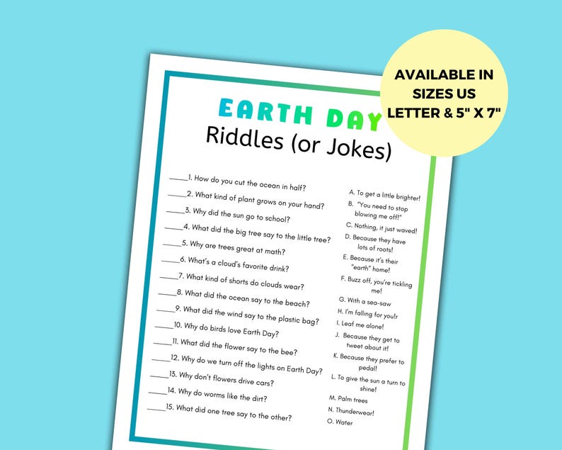 Earth Day Math Riddles Earth Day Riddles for Kids Printable Game, Funny Earth Day Jokes, Earth ...