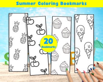 May include: A set of summer-themed coloring bookmarks with illustrations of pineapples, cherries, cupcakes, and ice cream cones. The text "Summer Coloring Bookmarks" is at the top, and a circle indicates there are 20 bookmarks.