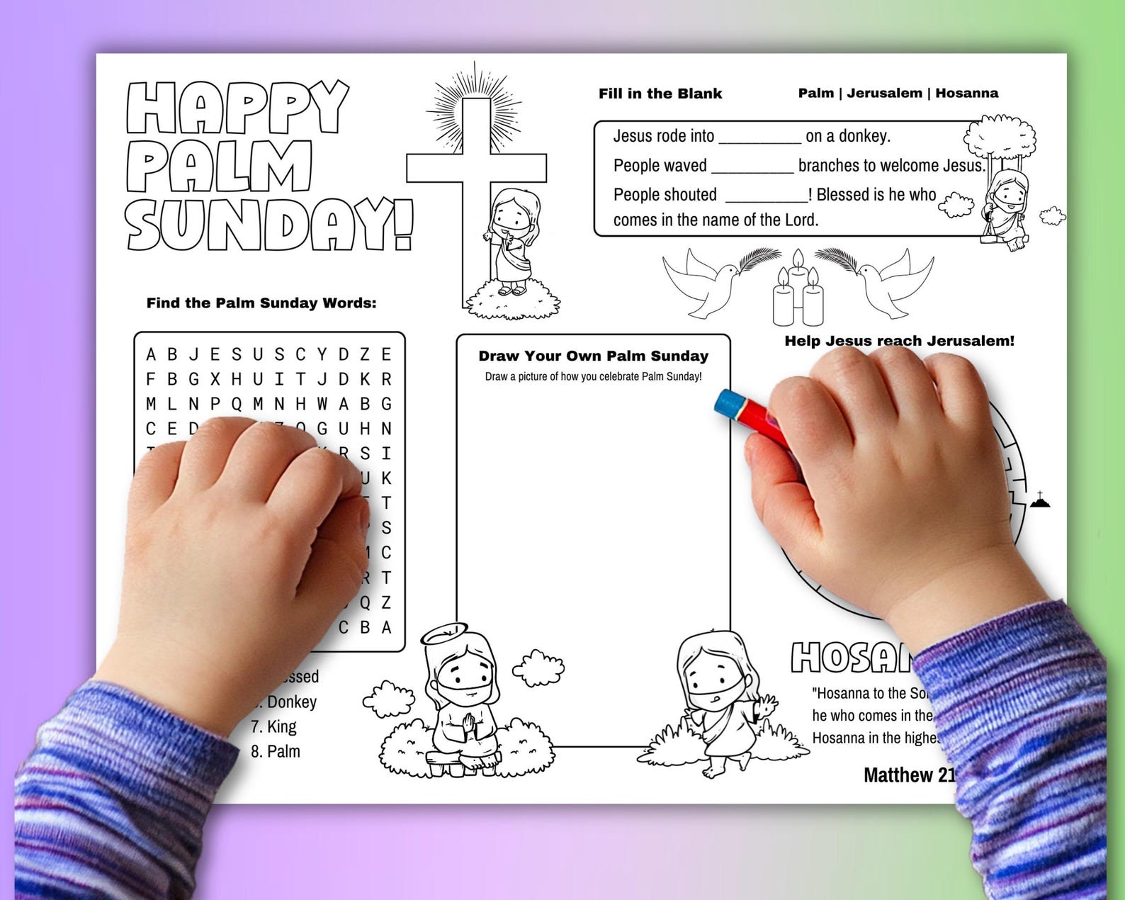 Palm Sunday Coloring Page Placemat, Holy Week Activity Sheet for Kids ...