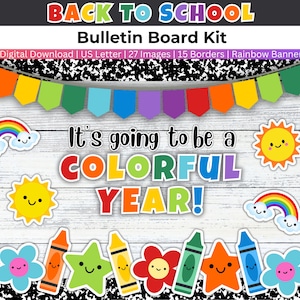 Può includere: Un kit digitale per bacheca con il testo "BACK TO SCHOOL Bulletin Board Kit" e "It's going to be a COLORFUL YEAR!". Il design include una ghirlanda di bandierine arcobaleno, soli sorridenti, arcobaleni, fiori, stelle e pastelli di vari colori.