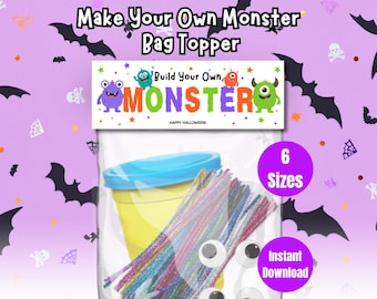 Make Your Own Monster Bag Topper Printable, Build A Monster Kit, Halloween Monster Classroom Party Favor Tag, Non Candy Halloween Treat