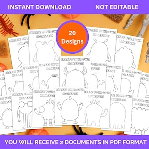 May include: A collection of 20 printable monster designs for coloring, with the text "Create Your Own Monster!" on each page. The image also includes the text "Instant Download" and "Not Editable".