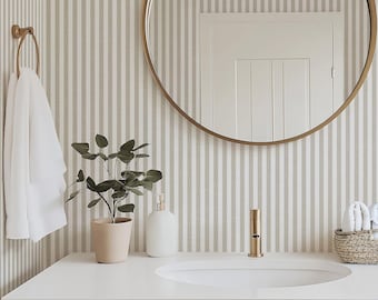Coastal Beige and White Striped Wallpaper | Neutral Cottage Chic, Beach House, Coastal Grandmother | Temporary or Permanent Wallpaper