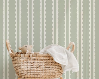 Sage Green Wavy Stripe Wallpaper for Baby Girl Nursery, Playroom, Teen Girl Bedroom | Whimsical, Cottagecore, Preppy, Grandmillennial