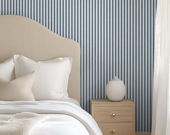 Coastal Striped Wallpaper in Blue-Grey and White with Linen Texture | Beach House, Coastal Grandmother, Cape Cod, Nautical Nursery