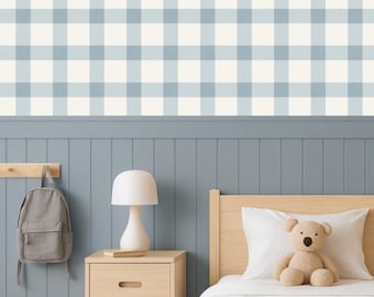 Blue Striped Grid Plaid Wallpaper | Boys Bedroom, Playroom, Nursery, Office, Family Room | Grandmillennial, Preppy, Modern, Cabincore